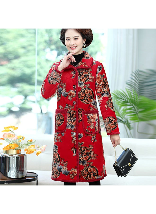 Middle-aged And Elderly Cotton-padded Coat Winter Fleece-lined Thickened Coat Grandma Crystal Velvet Warm Cotton-padded Coat Mother Mid-length Flower Cotton-padded Jacket