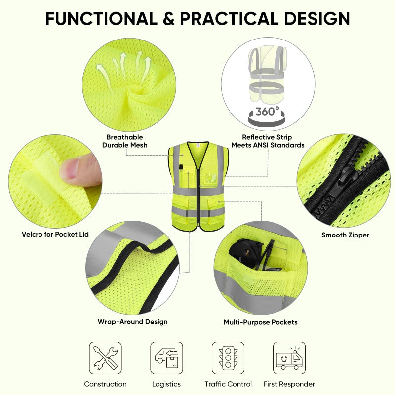 TICONN Reflective Safety Vest High Visibility Class II Mesh Vest for Women & Men Meets ANSI Standards (1PK, Yellow, L) - Image 2