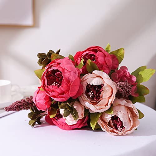 Duovlo Fake Flowers Vintage Artificial Peony Silk Flowers Wedding Home Decoration,Pack of 1 (Dark Pink) - Image 4