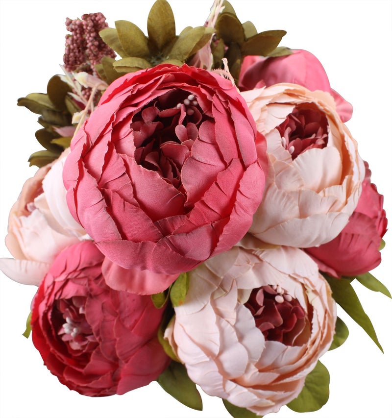 Duovlo Fake Flowers Vintage Artificial Peony Silk Flowers Wedding Home Decoration,Pack of 1 (Dark Pink) - Image 1