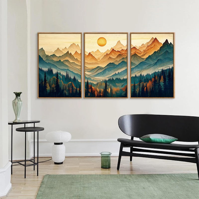 Tinonedraw Large Mountain Framed Canvas Wall Art Set of 3, Boho Nature Forest Wall Decor, Neutral Wooden Pine Trees Artwork, Sunrise Ridge Landscape Art Printing for Living Room Bedroom Office 16"x24" - Image 5