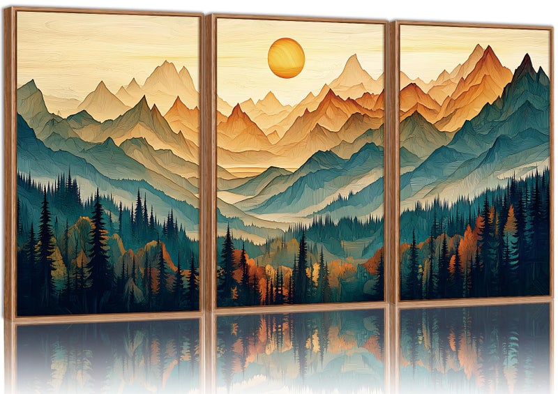 Tinonedraw Large Mountain Framed Canvas Wall Art Set of 3, Boho Nature Forest Wall Decor, Neutral Wooden Pine Trees Artwork, Sunrise Ridge Landscape Art Printing for Living Room Bedroom Office 16"x24" - Image 1