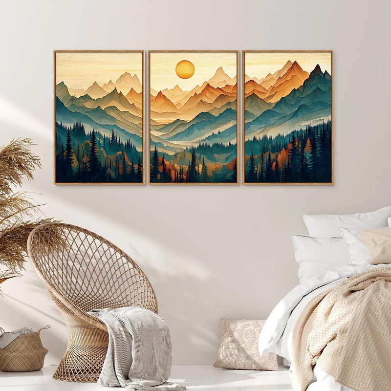 Tinonedraw Large Mountain Framed Canvas Wall Art Set of 3, Boho Nature Forest Wall Decor, Neutral Wooden Pine Trees Artwork, Sunrise Ridge Landscape Art Printing for Living Room Bedroom Office 16"x24" - Image 4