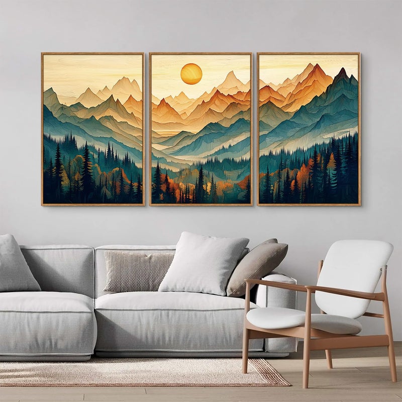 Tinonedraw Large Mountain Framed Canvas Wall Art Set of 3, Boho Nature Forest Wall Decor, Neutral Wooden Pine Trees Artwork, Sunrise Ridge Landscape Art Printing for Living Room Bedroom Office 16"x24" - Image 3