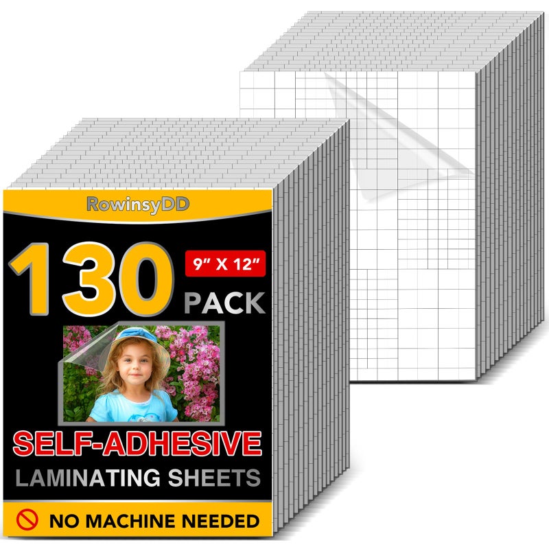 RowinsyDD 130 PCS Self-Adhesive Laminating Sheets, 9 x 12 Inches Clear Laminating Sheets No Machine Needed Self Sealing Laminate Sheets - Image 1