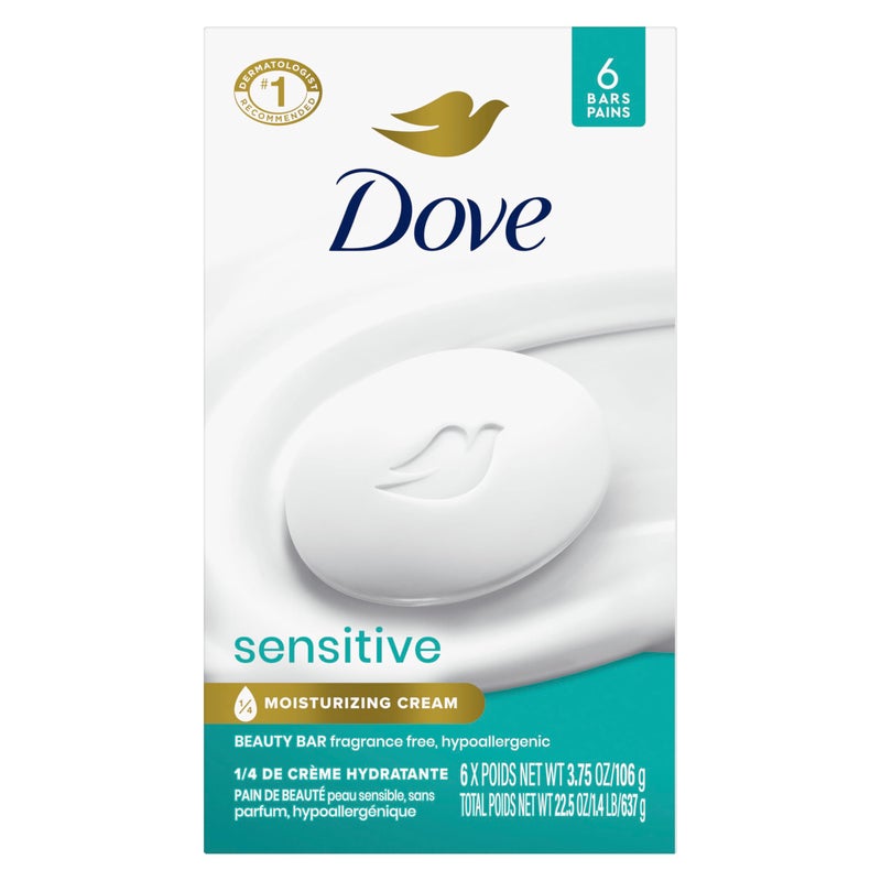 Dove Beauty Bar Soap Sensitive, 6 Bars for Sensitive Skin, Fragrance Free and Hypoallergenic 3.75 oz - Image 1
