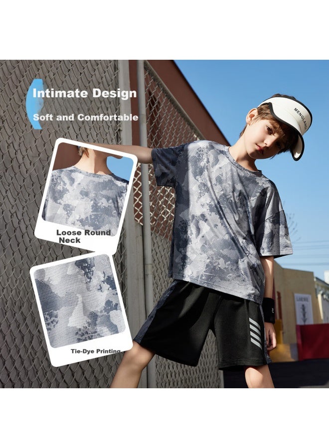 Ask Junior Boys' Summer Thin Breathable Short Sleeve T-Shirt And Shorts Quick Dry Sports Running Two-Piece Set Light Grey 170 - Image 1