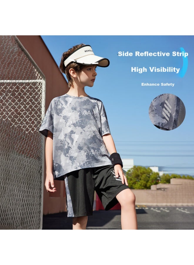 Ask Junior Boys' Summer Thin Breathable Short Sleeve T-Shirt And Shorts Quick Dry Sports Running Two-Piece Set Light Grey 170 - Image 2