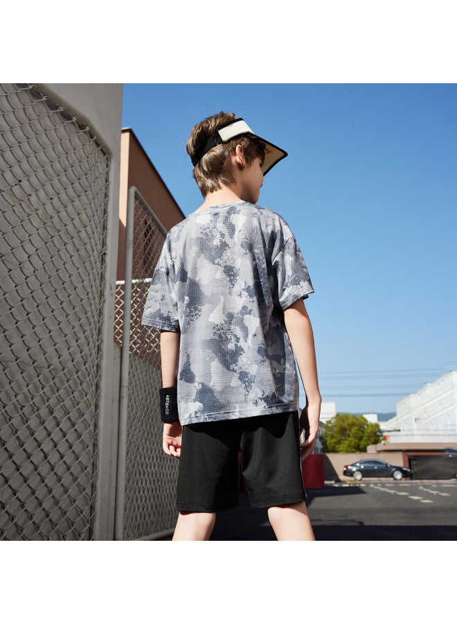 Ask Junior Boys' Summer Thin Breathable Short Sleeve T-Shirt And Shorts Quick Dry Sports Running Two-Piece Set Light Grey 170 - Image 5