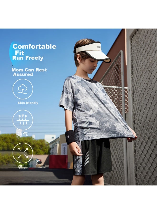 Ask Junior Boys' Summer Thin Breathable Short Sleeve T-Shirt And Shorts Quick Dry Sports Running Two-Piece Set Light Grey 170 - Image 3