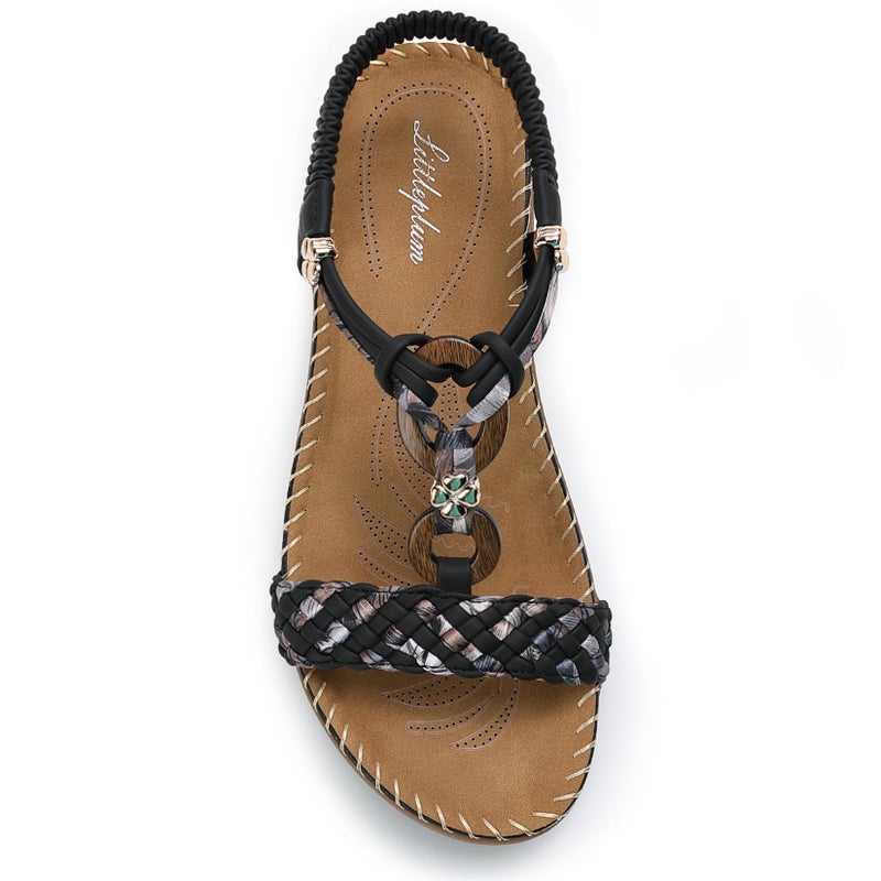 Littleplum Women Sandals Arch Support Handmade Bohemian Braided Flat Sandals Comfort Walking Beach Ankle Elastic Summer Shoes Multi Black Size 8.5 - Image 1