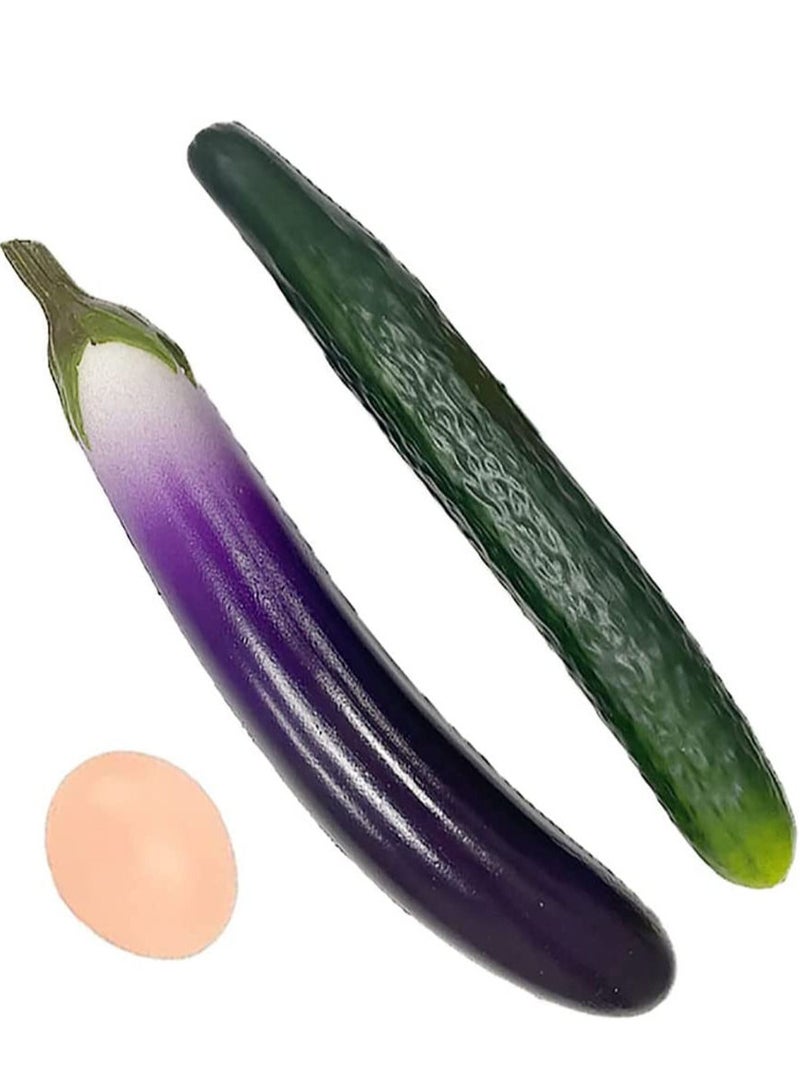 3 PCS Artificial Eggplant, Cucumber, Egg, 2 PCS Lifelike Soft PU Cucumber&Eggplant, 1 PCS Simulated Egg, Fake Food Vegetable for Decoration, Photography, Home, Office - Image 1
