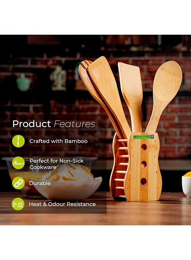 BASURRAH 5 Piece Wooden Cooking Spoon Set with Holder Beige/Brown - Image 1