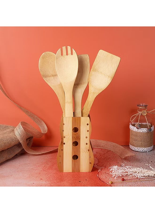 BASURRAH 5 Piece Wooden Cooking Spoon Set with Holder Beige/Brown  - Image 5