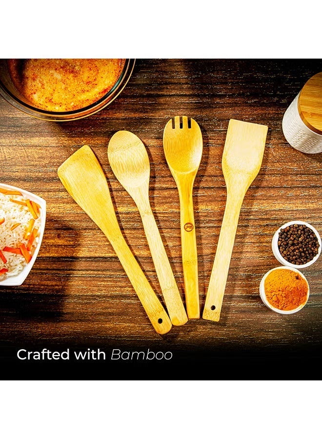 5 Piece Wooden Cooking Spoon Set with Holder Beige/Brown - Image 4