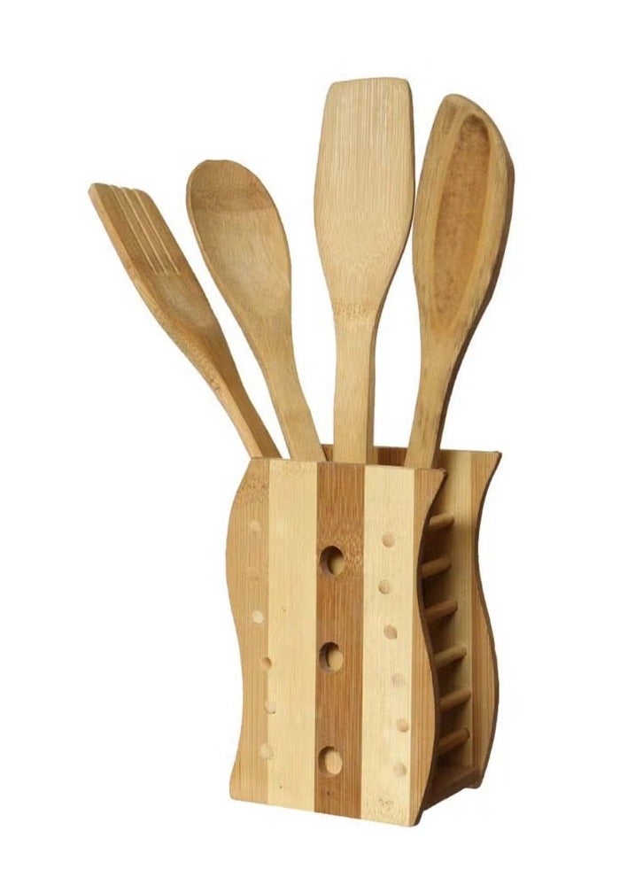 5 Piece Wooden Cooking Spoon Set with Holder Beige/Brown - Image 1
