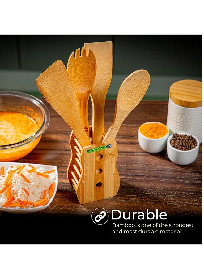 5 Piece Wooden Cooking Spoon Set with Holder Beige/Brown - Image 2