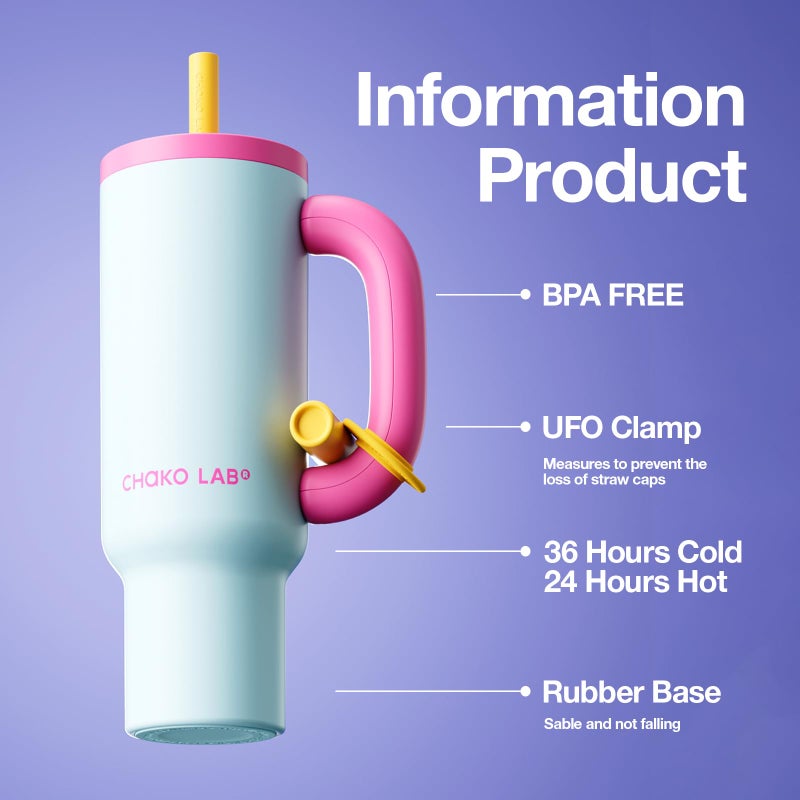 CHAKO LAB BaWang Insulated Stainless Steel Tumbler | Tumbler with Handle and Straw 33oz | Cup Holder Friendly for Travel | Leakproof Water Bottle | BPA-Free | 316 stainless steel liner| pinkï¼†blue - Image 3