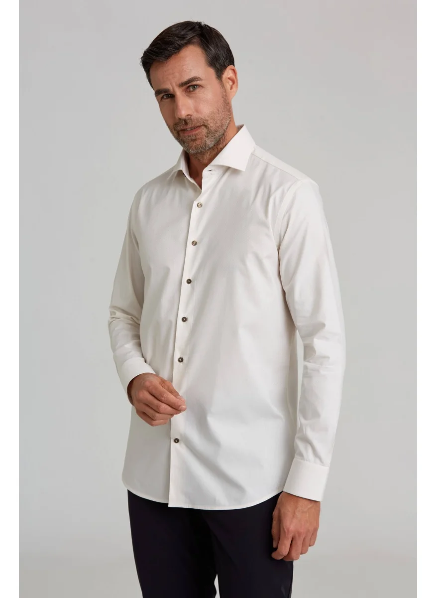 Bisse Sports Shirt Modern Fit Long Sleeve Half Italian Collar Thick Diagonal Sports Ecru GMARS0222300207_D03