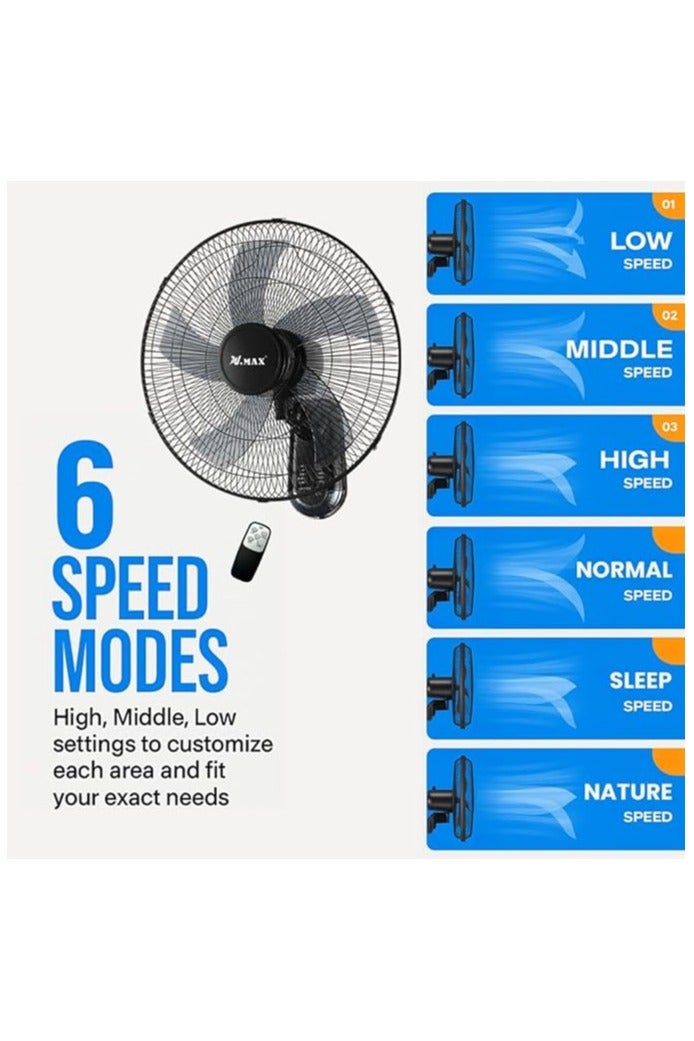 VMAX 18" 5 Blades High Airflow Pvc Wall-Mounted Fan With Remote, Pure Copper Motor, 3 Speeds, Quiet 180° Oscillation, VMAX - Image 3