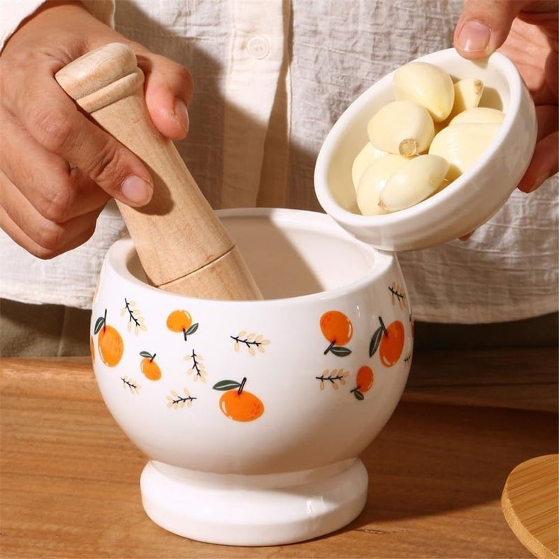 Garlic Presses High Temperature Ceramic Garlic Pounder Home Use Wooden Mortar and Pestle Grinding Set Kitchen Manual Pounder Herb Grinder Mortar and Pestle Set - Image 4