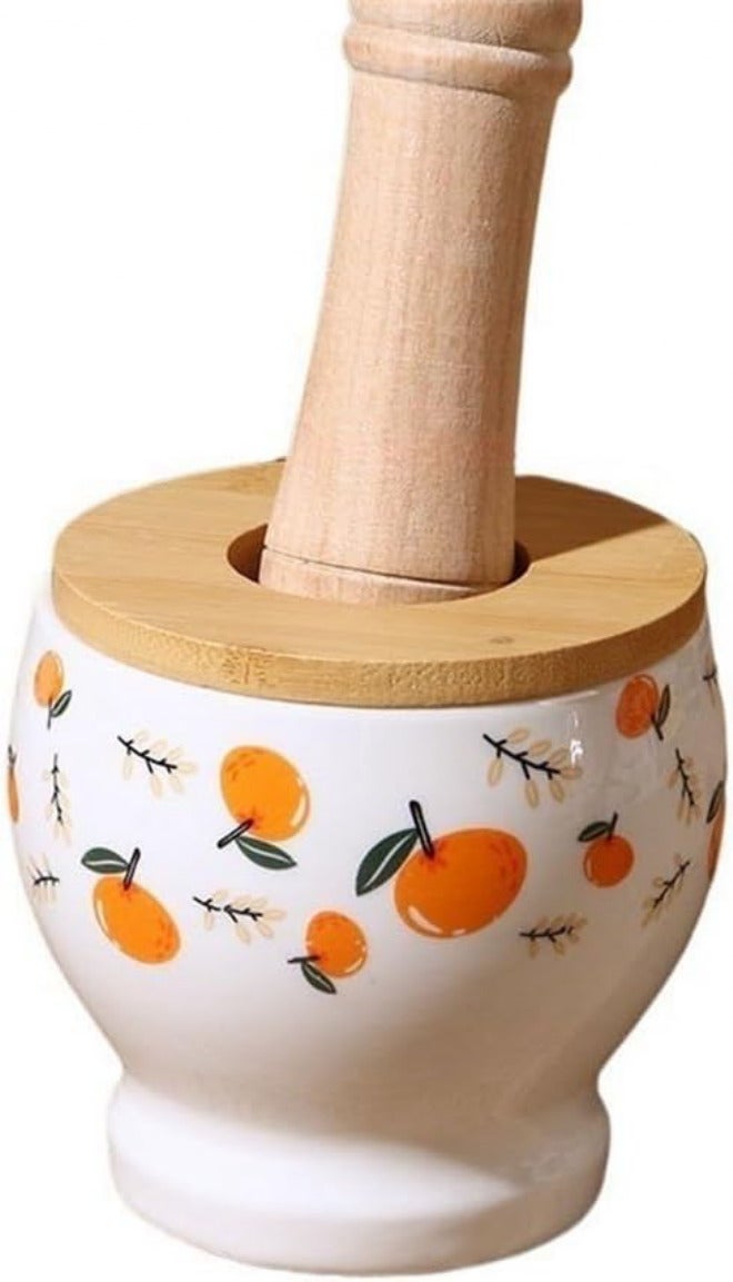 Garlic Presses High Temperature Ceramic Garlic Pounder Home Use Wooden Mortar and Pestle Grinding Set Kitchen Manual Pounder Herb Grinder Mortar and Pestle Set - Image 1