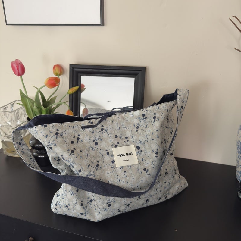2025 Japanese And Korean Versatile Dopamine Color Block Denim Bag Large Capacity Single Shoulder Crossbody Double Bread Floral Bag - Image 1