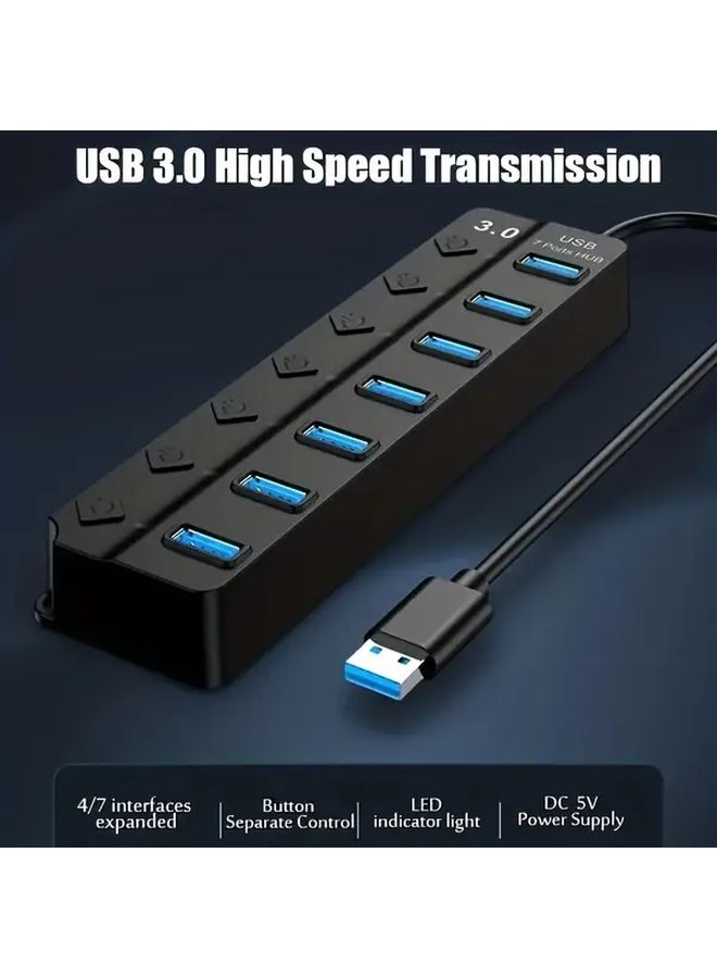 Black 7 منفذ USB 3.0 Hub مع مؤشر الطاقة وكابل 11.81 بوصة - Image 1