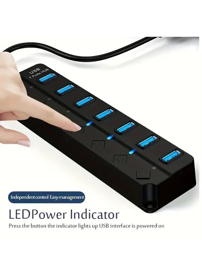 Black 7 منفذ USB 3.0 Hub مع مؤشر الطاقة وكابل 11.81 بوصة - Image 5