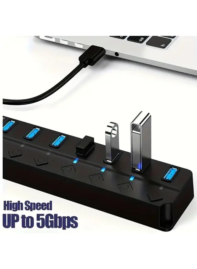 Black 7 منفذ USB 3.0 Hub مع مؤشر الطاقة وكابل 11.81 بوصة - Image 4