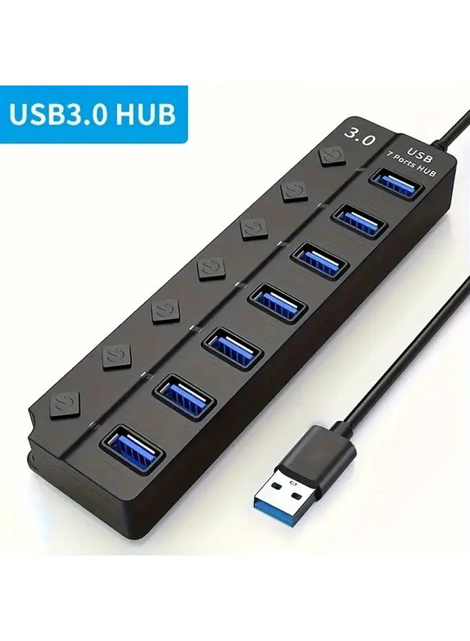 Black 7 منفذ USB 3.0 Hub مع مؤشر الطاقة وكابل 11.81 بوصة - Image 3