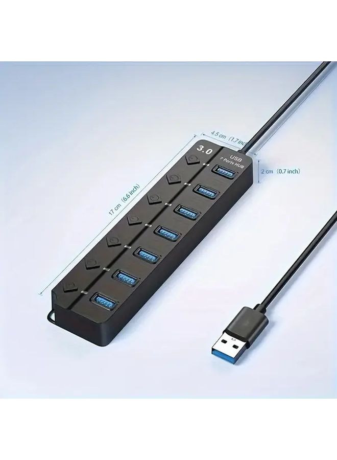 Black 7 منفذ USB 3.0 Hub مع مؤشر الطاقة وكابل 11.81 بوصة - Image 2