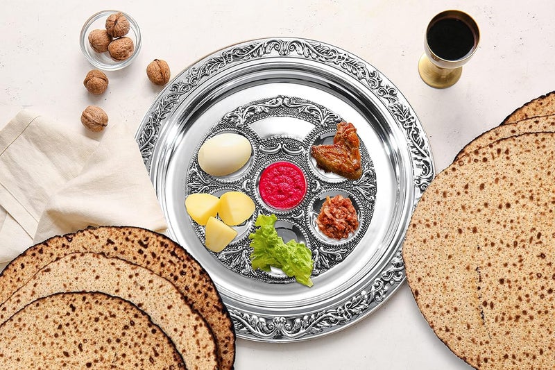 Ner Mitzvah Silver Plated Passover Seder Plate  Traditional Judaica Passover Seder Plate  Round Design  12 Diameter - Image 4
