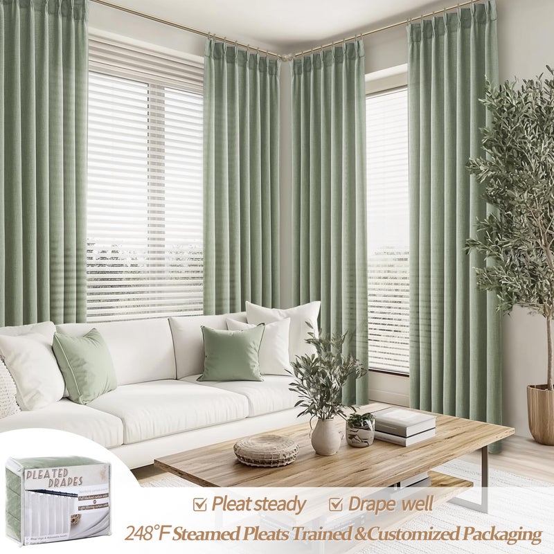 PleatedDrapes Sage Green Pinch Pleated Sheer Curtains 84 Inches Long for Living Room 2 Panels Set, Rustic Country Thick Linen Blend Light Filtering Window Drapes 40"W x 84"L with Back Tab Bedroom Viral Curtain 7 FT - Image 2