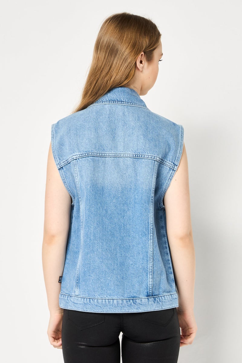 Karl Lagerfeld Women Sleeveless Washed Denim Vest Jacket, Blue - Image 2