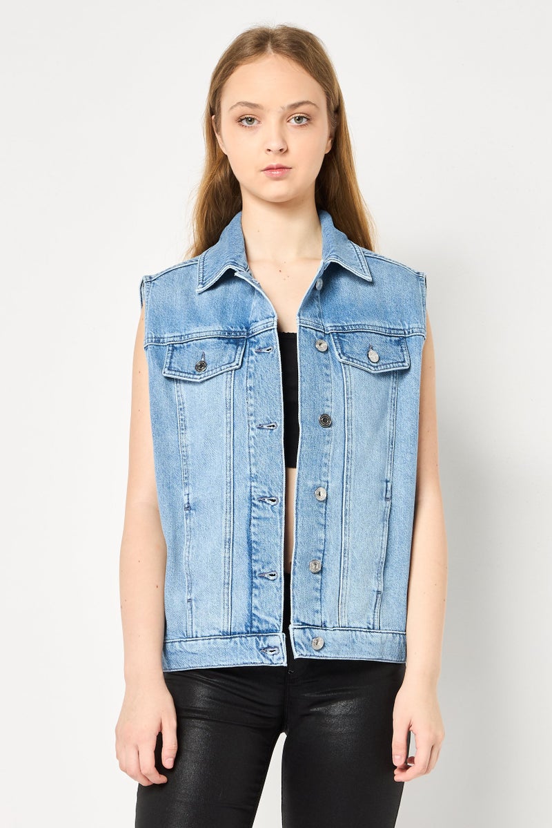 Karl Lagerfeld Women Sleeveless Washed Denim Vest Jacket, Blue - Image 1