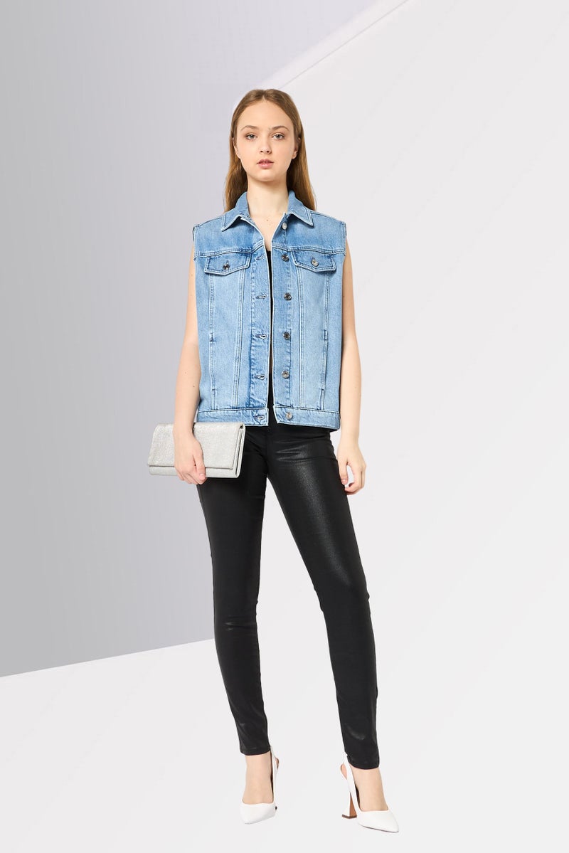 Karl Lagerfeld Women Sleeveless Washed Denim Vest Jacket, Blue - Image 3