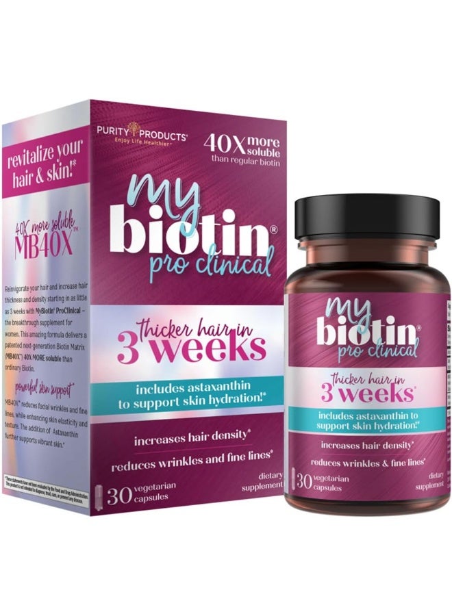 Purity Products Mybiotin Proclinical – Thicker Hair In 3 Weeks & Fights Wrinkles - Mb40X Patented Biotin Matrix W/Astaxanthin - 40X More Soluble Vs Ordinary Biotin – Hair, Skin & Nails - 30 Veg Cap - Image 1