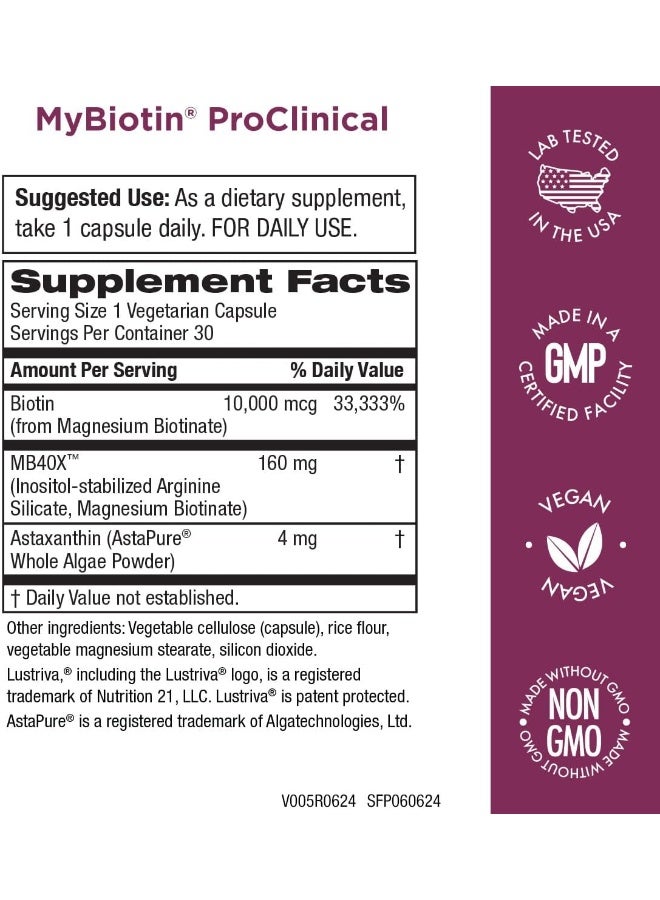 Purity Products Mybiotin Proclinical – Thicker Hair In 3 Weeks & Fights Wrinkles - Mb40X Patented Biotin Matrix W/Astaxanthin - 40X More Soluble Vs Ordinary Biotin – Hair, Skin & Nails - 30 Veg Cap - Image 2