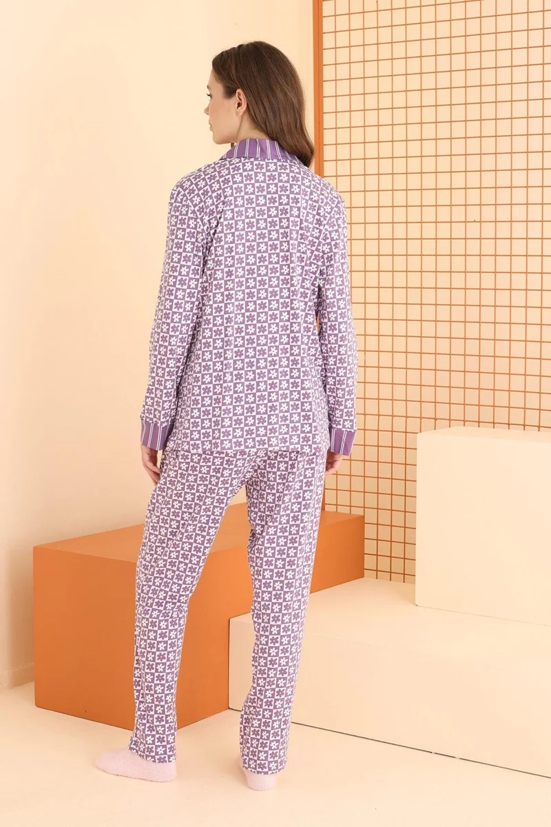 ان بي بي Square Pattern Daisy Inside Women's Pajama Set, 100% Cotton Shirt Pajama Set