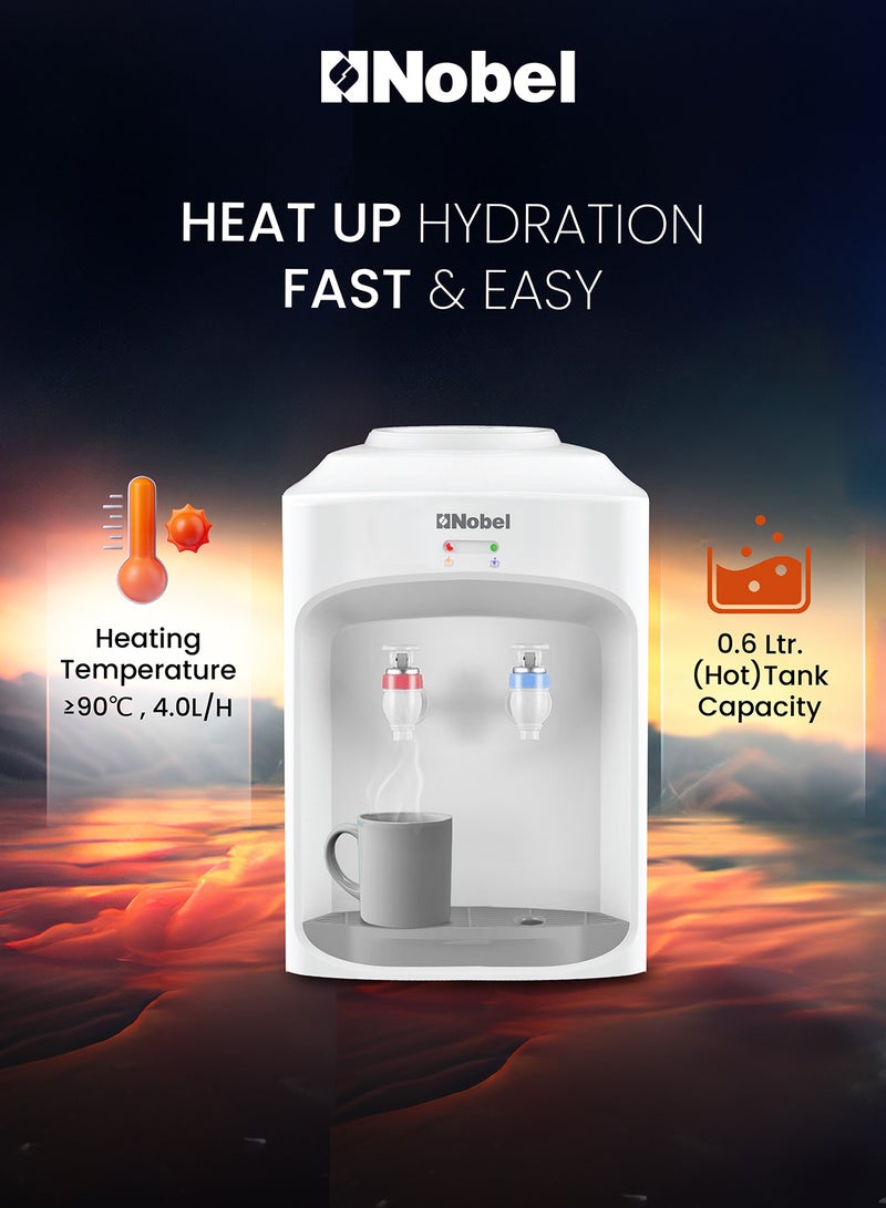 Nobel Table Top Water Dispenser With Hot & Normal Functions, 0.6L Hot Tank Capacity, Ergonomic Taps, Indicator Lights, And On-Off Power Switch NWD565 White - Image 3