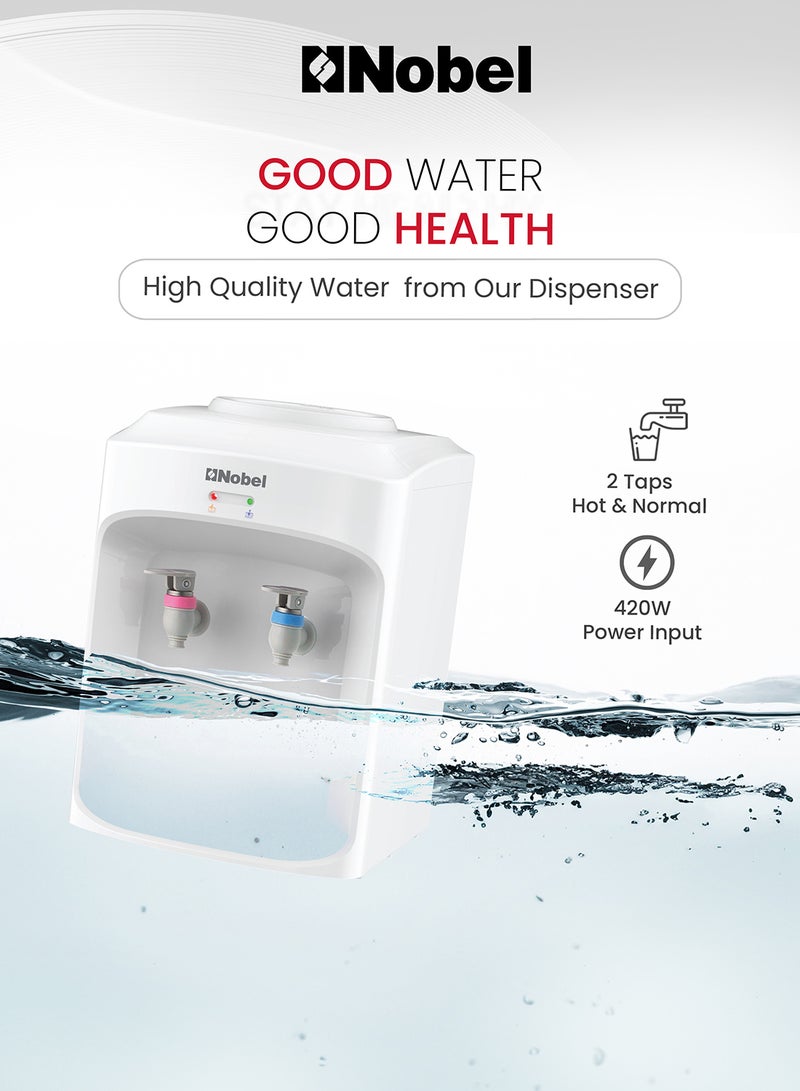 Nobel Table Top Water Dispenser With Hot & Normal Functions, 0.6L Hot Tank Capacity, Ergonomic Taps, Indicator Lights, And On-Off Power Switch NWD565 White - Image 4