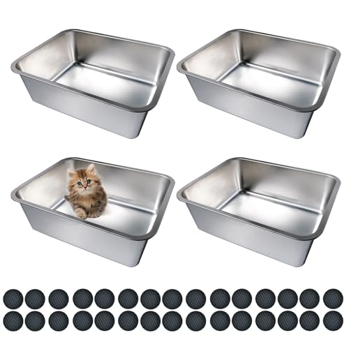 Olutacot 4 Pcs Large Stainless Steel Litter Box 17.7" X 13.8" X 5.9" Metal Cat Litter Box with 30 Pcs Non-Slip Gaskets Large Litter Pan for Cat Kitties No Smell Non Stick Pet Toilet Supplies - Image 1