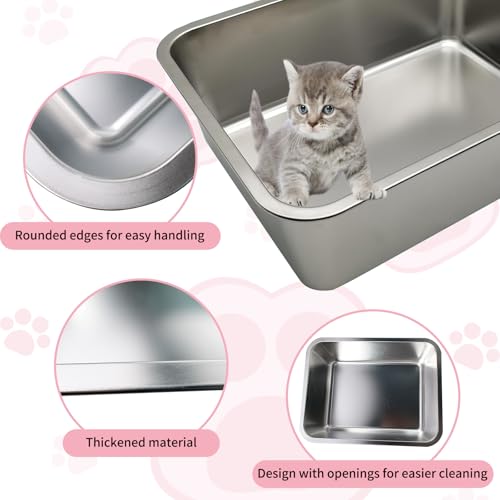 Olutacot 4 Pcs Large Stainless Steel Litter Box 17.7" X 13.8" X 5.9" Metal Cat Litter Box with 30 Pcs Non-Slip Gaskets Large Litter Pan for Cat Kitties No Smell Non Stick Pet Toilet Supplies - Image 3
