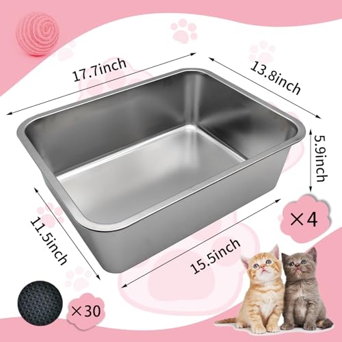 Olutacot 4 Pcs Large Stainless Steel Litter Box 17.7" X 13.8" X 5.9" Metal Cat Litter Box with 30 Pcs Non-Slip Gaskets Large Litter Pan for Cat Kitties No Smell Non Stick Pet Toilet Supplies - Image 2