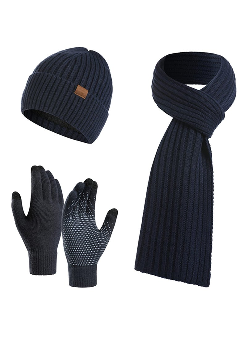 KASTWAVE 3Pcs Winter Beanie Hat Scarf Gloves Set, Set for Men Womens Ski Cap Touch Screen Mittens Suit Couples Matching Hats for Men Women (Navy Blue) - Image 1