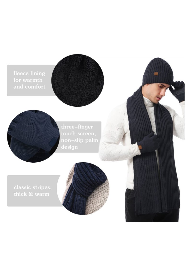 KASTWAVE 3Pcs Winter Beanie Hat Scarf Gloves Set, Set for Men Womens Ski Cap Touch Screen Mittens Suit Couples Matching Hats for Men Women (Navy Blue) - Image 2