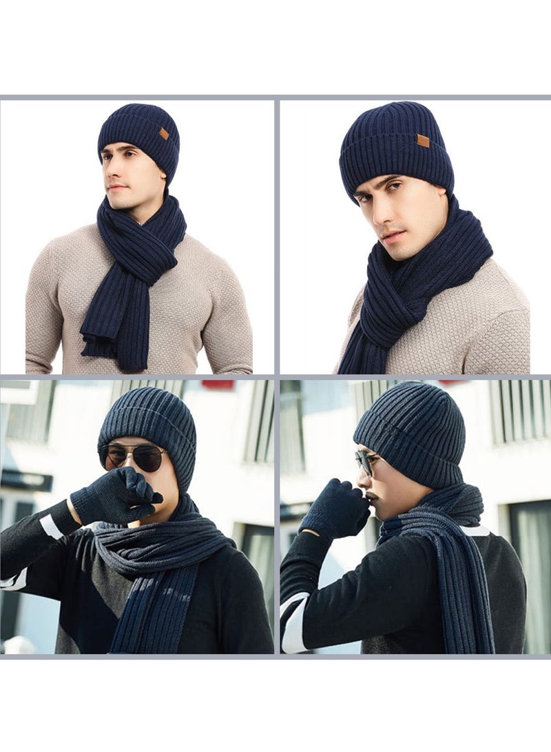KASTWAVE 3Pcs Winter Beanie Hat Scarf Gloves Set, Set for Men Womens Ski Cap Touch Screen Mittens Suit Couples Matching Hats for Men Women (Navy Blue) - Image 5