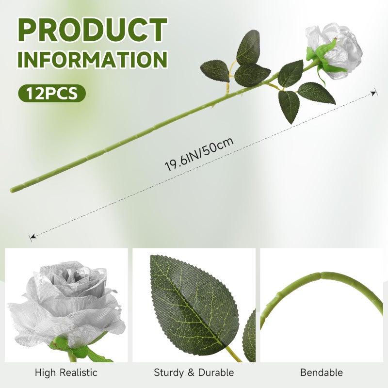 Tifuly Silver Roses Artificial Flowers -12Pcs Realistic Single Long Stem Fake Silk Roses Bouquet for Party Home Wedding Centerpiece Hotel Office Decor - Image 2