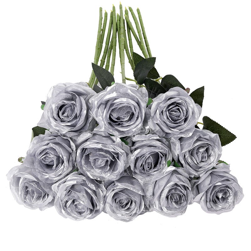 Tifuly Silver Roses Artificial Flowers -12Pcs Realistic Single Long Stem Fake Silk Roses Bouquet for Party Home Wedding Centerpiece Hotel Office Decor - Image 1
